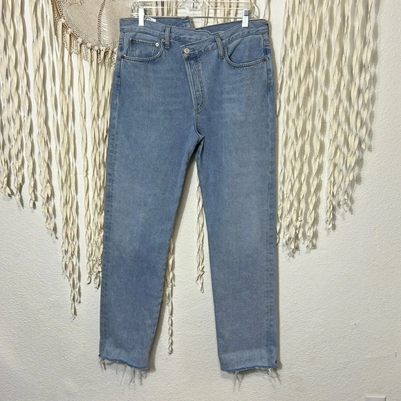 Agolde Blue Denim Fold Over Waist Jeans Size 30 - Picture 1 of 11